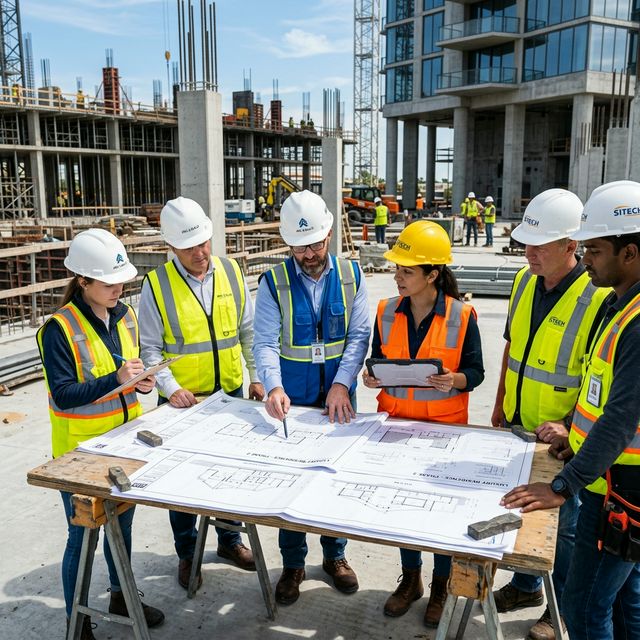 Construction engineering team reviewing blueprints
